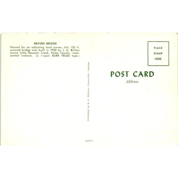 Nevins Covered Bridge Postcard Travel Souvenir Unposted Parke County Indiana - Picture 2 of 2